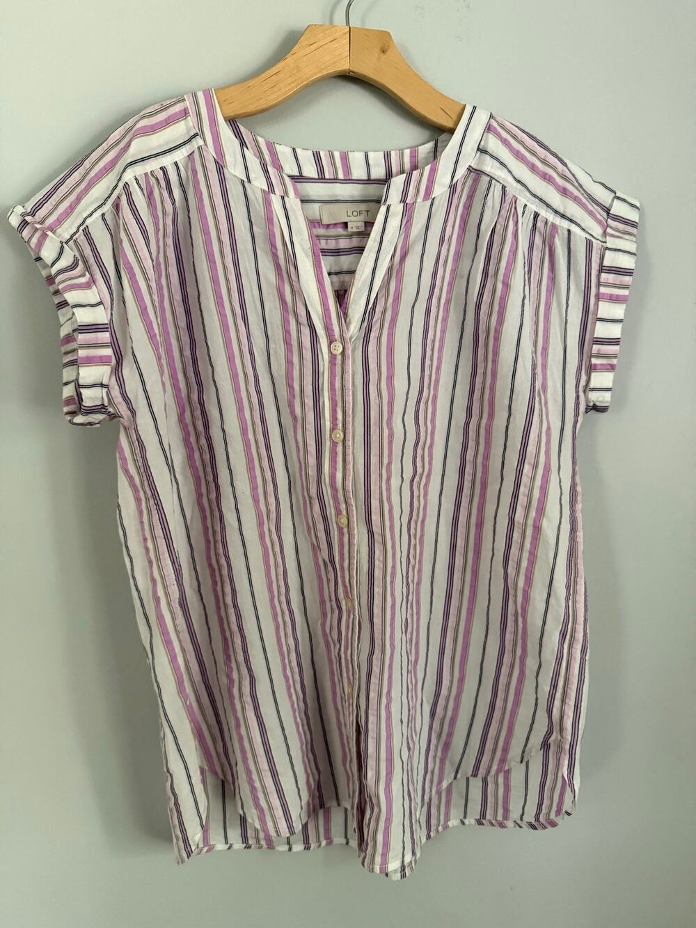 Loft striped button down top, medium, pink purple stripes
